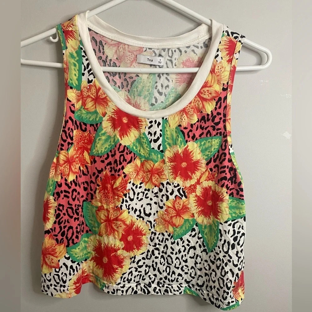 TNA from Aritzia - Floral & leopard print, white sleeveless crop style top - Sm